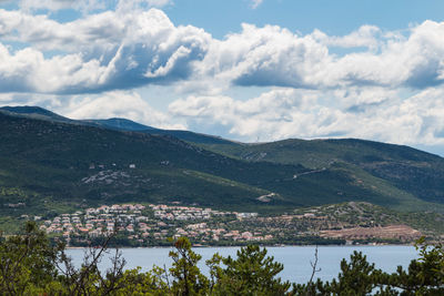 Scenic view of river by mountains against sky