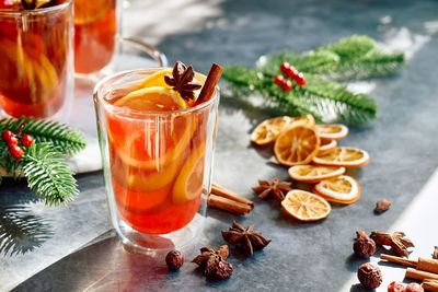Christmas mulled wine with aromatic spices and citrus fruits. traditional christmas warming drink.