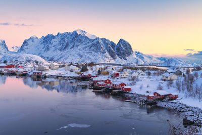 Sunrise over the fishing village of reine in winter, norway