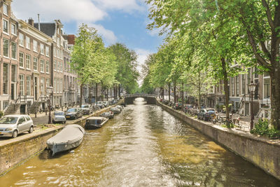 Boats moored in canal