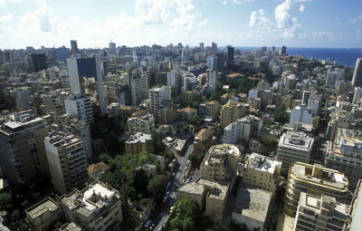 High angle shot of cityscape against the sky