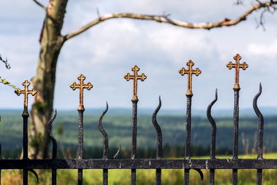 Close-up of metal fence against sky