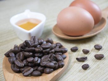 High angle view of coffee beans on table