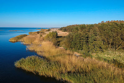 Scenic view of sea against clear blue sky