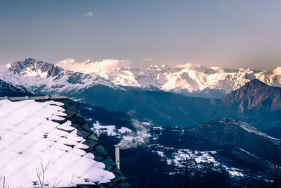 Aerial view of mountains against sky during winter