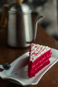 Close-up of cake in plate on table