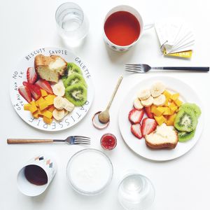 High angle view of fruits and drinks