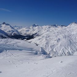 Scenic view of snowcapped mountains against clear blue sky