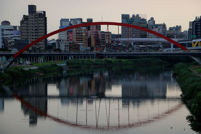 Bridge over river by buildings against sky in city