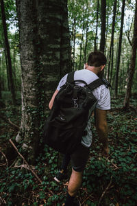 Rear view of man walking in forest