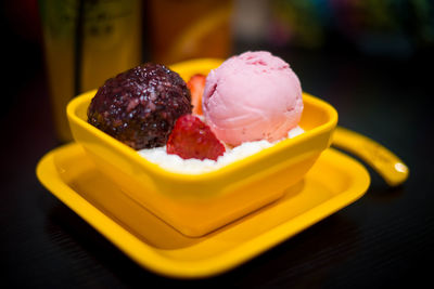 Close-up of dessert in plate on table