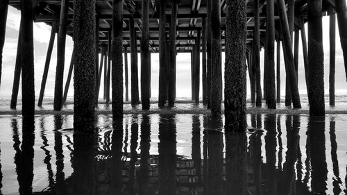 Reflection of wooden pier on sea