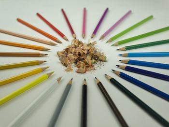 High angle view of pencils on table