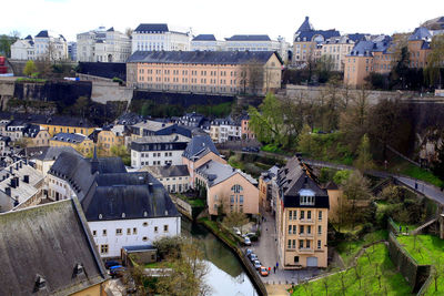 High angle view of buildings in city