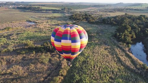 Hot air balloons flying over land