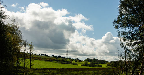 Panoramic view of green landscape against sky