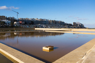 Reflection of cityscape in water against sky