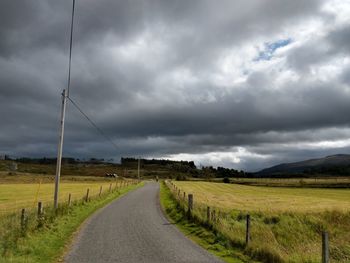 Road amidst field against cloudy sky