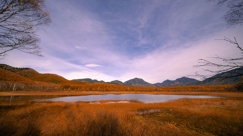 Scenic view of lake against sky during sunset