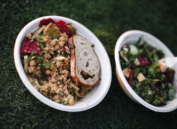 High angle view of salad in bowl on table