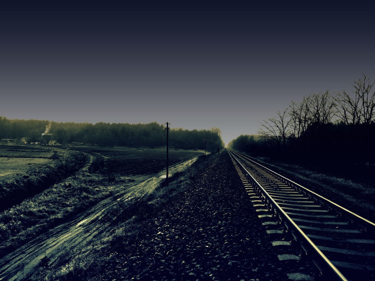 rail transportation, track, railroad track, sky, transportation, direction, clear sky, the way forward, no people, diminishing perspective, nature, plant, copy space, tree, landscape, tranquility, vanishing point, tranquil scene, outdoors, field, long, parallel