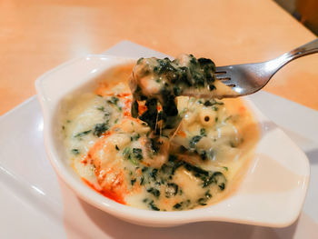 High angle view of noodles in bowl on table