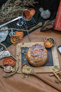 High angle view of food on table