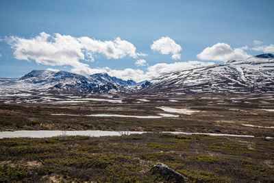 Scenic view of snowcapped mountains against sky