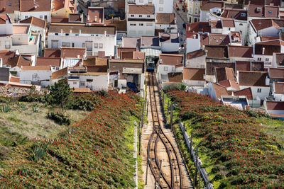 High angle view of buildings in town