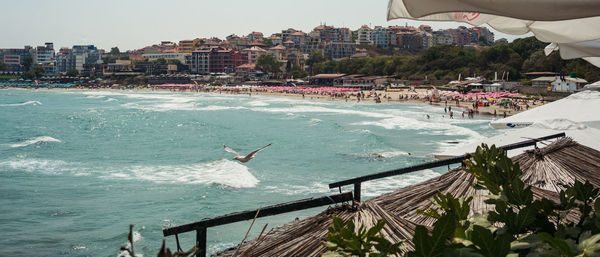 High angle view of seagulls by sea against sky