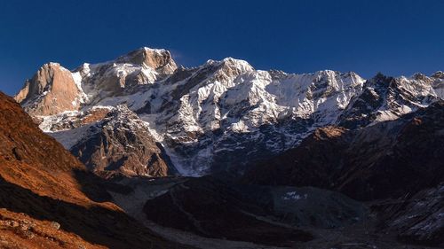 Scenic view of snowcapped mountains against clear sky