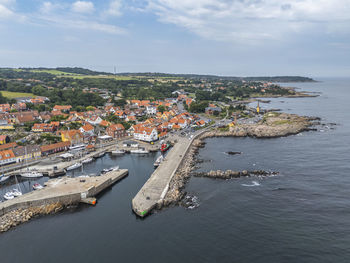 Aerial photo of allinge harbour and town, bornholm, denmark