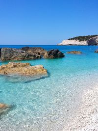 Scenic view of sea against clear blue sky