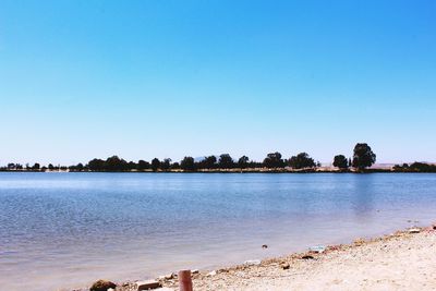 Scenic view of lake against clear blue sky