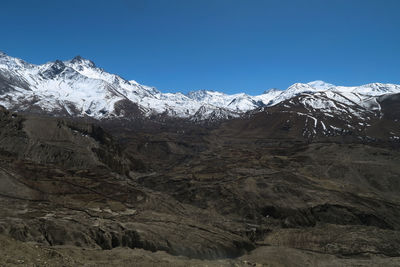 Scenic view of snowcapped mountains against clear sky