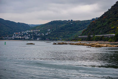 Scenic view of river and mountains against sky