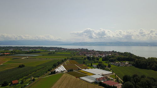 High angle view of agricultural field against sky