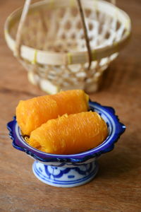 High angle view of fruits in bowl on table