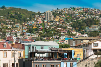 Buildings in town against sky