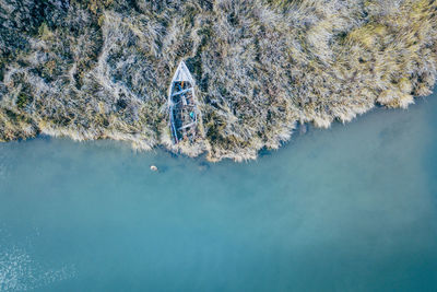 High angle view of field by river