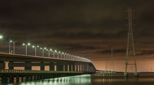 Illuminated san mateo-hayward bridge over river against cloudy sky at night