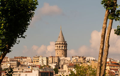 Buildings in city against cloudy sky