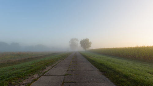 Dirt road amidst field against clear sky