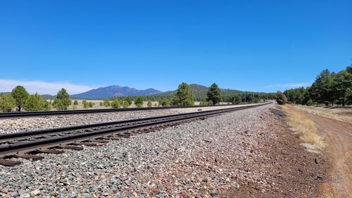 Railroad tracks amidst trees against clear blue sky