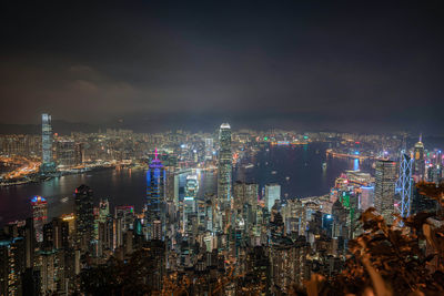 High angle view of illuminated victoria harbour at night
