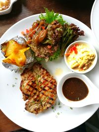 High angle view of food in plate on table