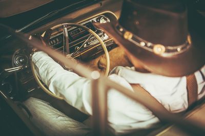 High angle view of man driving car