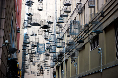 Low angle view of birdcages hanging amidst buildings