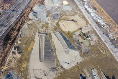 High angle view of construction site in city during winter
