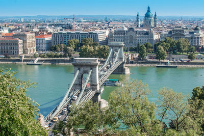The iconic chain bridge across the danube river in budapest